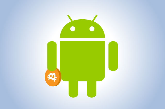 The green Android mascot holding a Bitcoin.