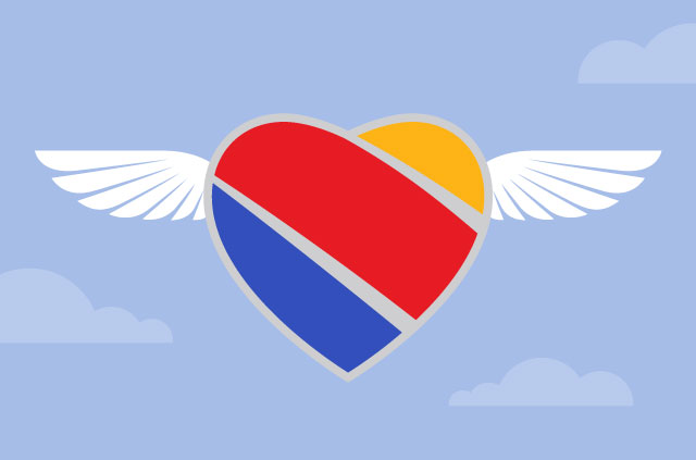 Southwest Airlines logo flying high in the sky! Bypass "Access Denied" and book Southwest flights overseas with a VPN.
