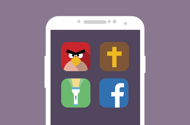 The Angry Birds, Holy Bible, Facebook,and Flashlight app icons.