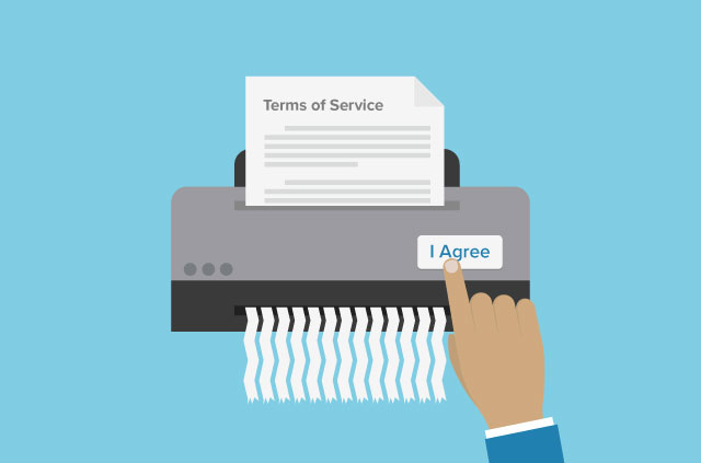 An illustration of a shredder shredding a terms of service document.