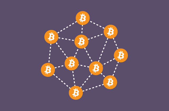 Numerous Bitcoin logos daisy-chained together.