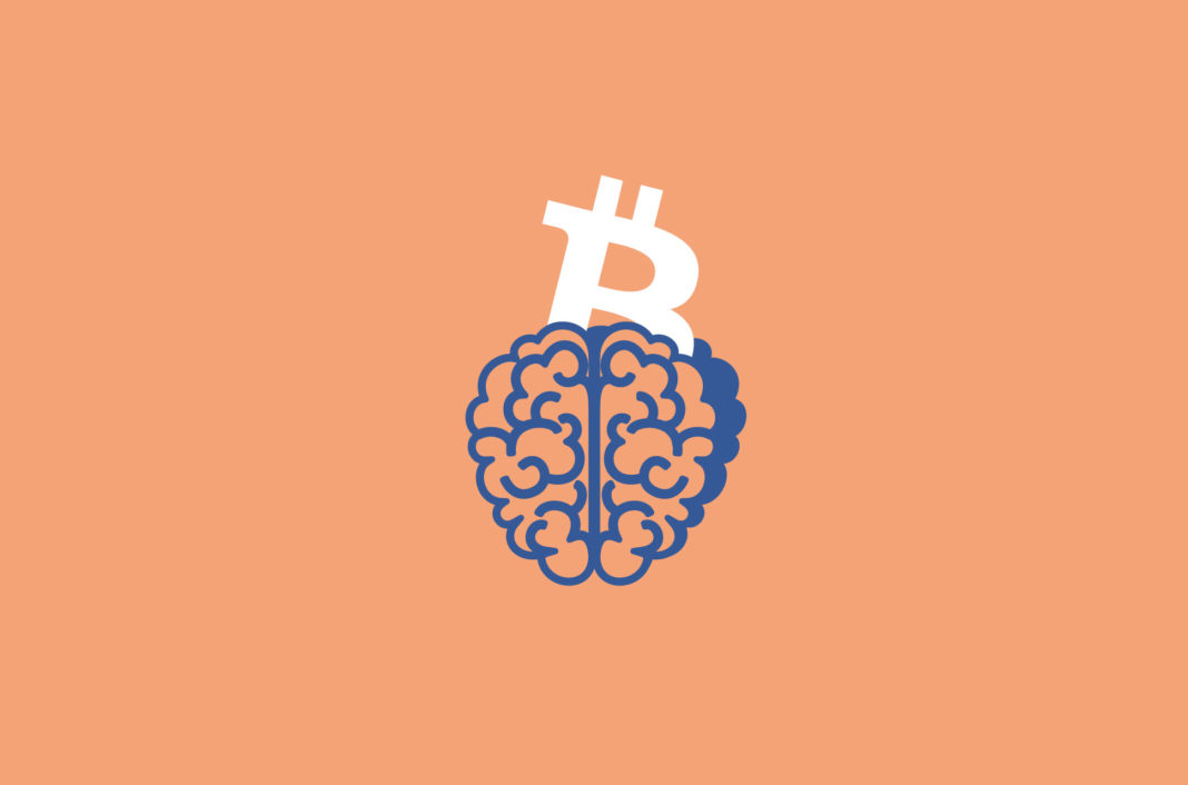 Bitcoin symbol emerging from a brain