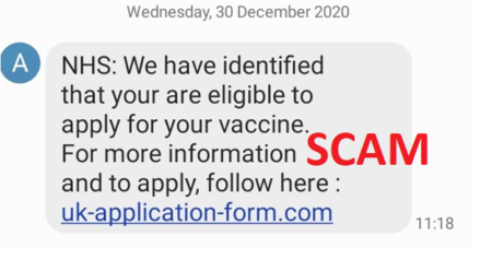 An example of an SMS vaccine scam.