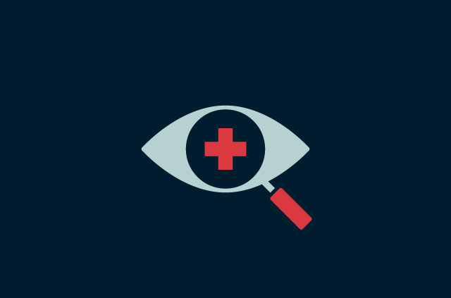 An eye with a magnifying glass and a red cross.