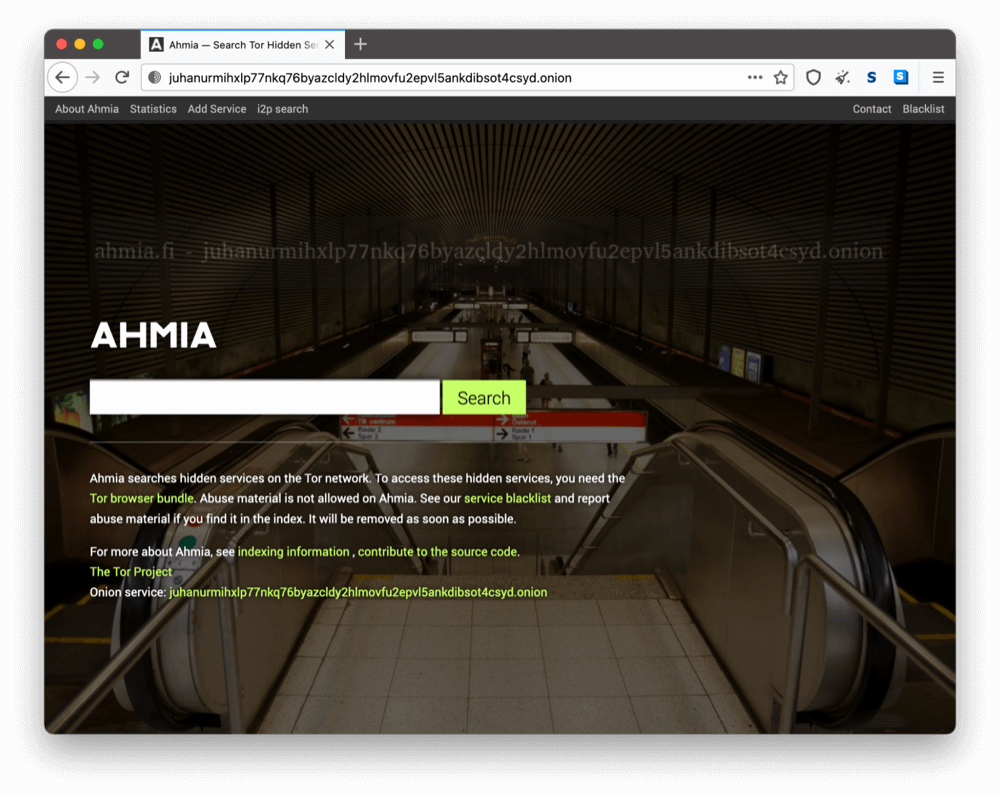 La página onion de Ahmia en la dark web.