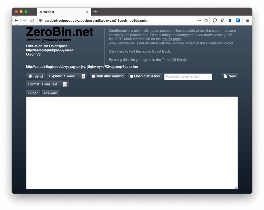 La página onion de ZeroBin en la dark web.