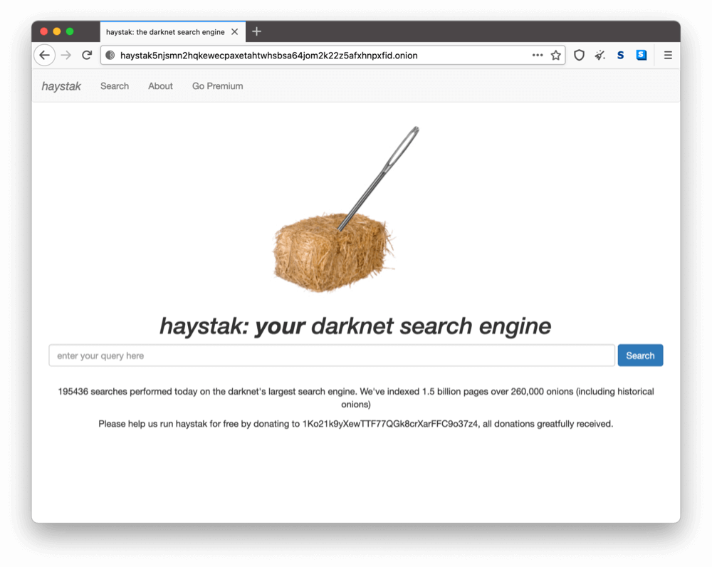La página onion de Haystak en la dark web.