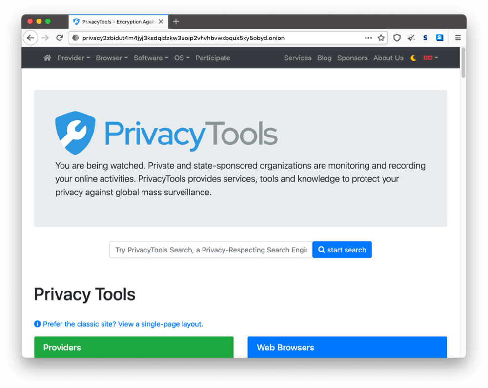 La página onion de PrivacyTools en la dark web.