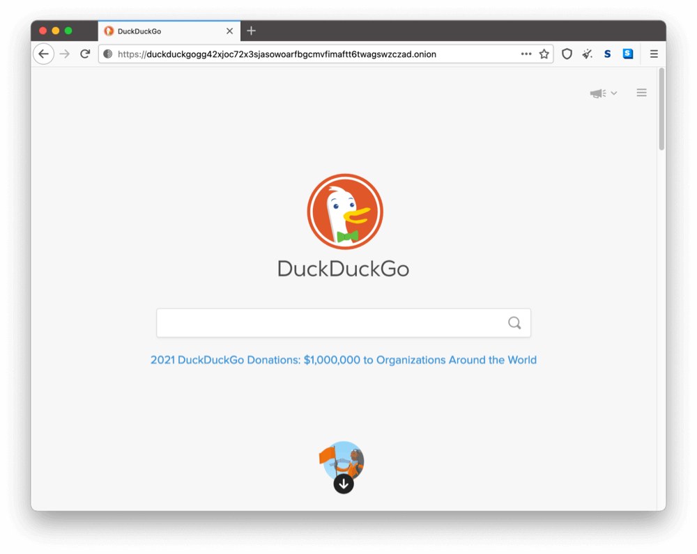 La página onion de DuckDuck Go en la dark web.
