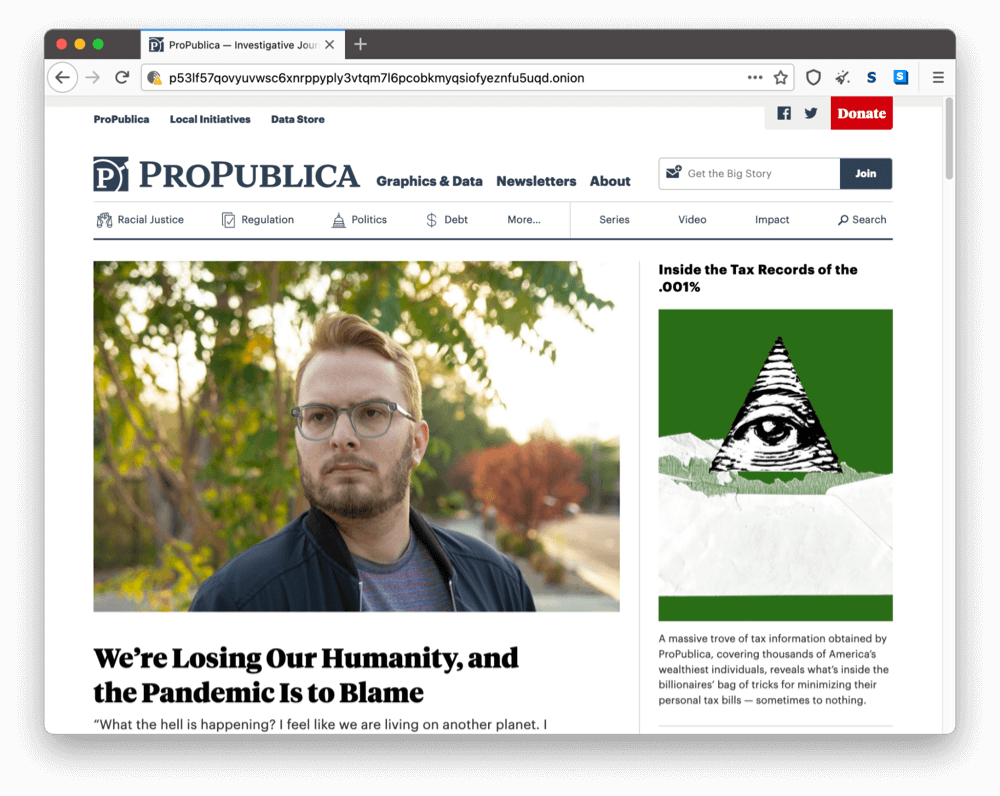 La página onion de ProPublica en la dark web.