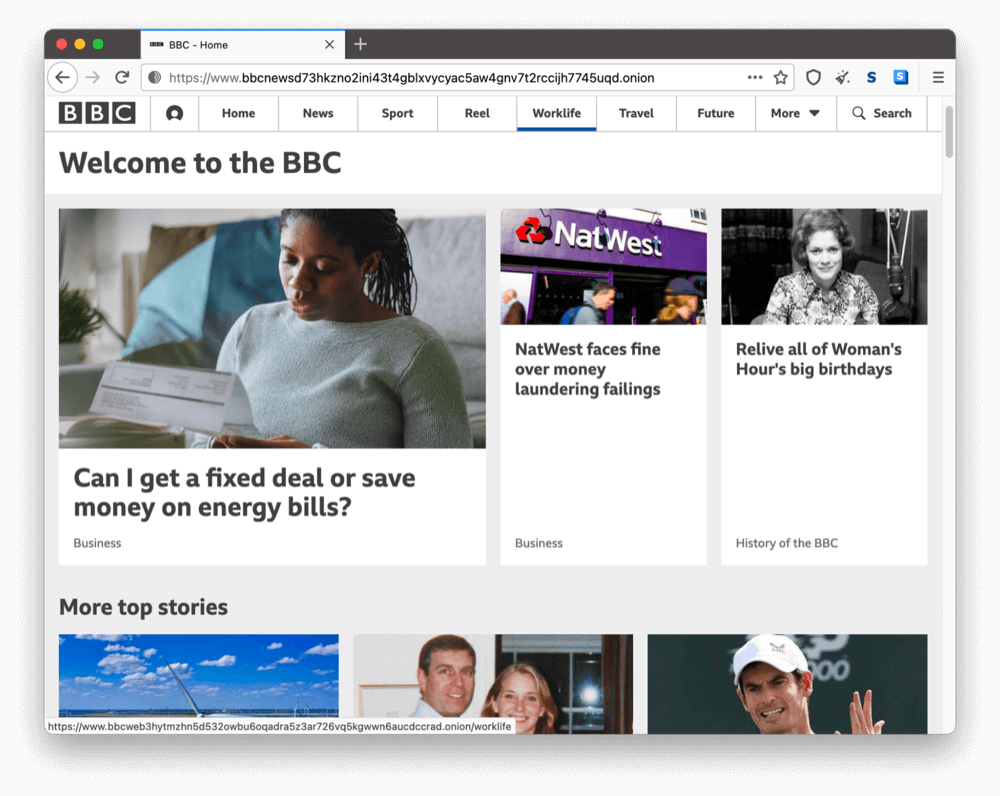 La página onion de BBC en la dark web.