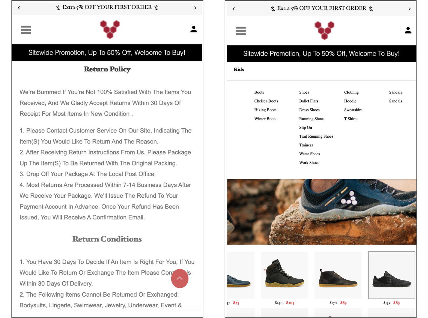 Fake Shopping Websites: Vivobarefoot Example of Privacy Policy and Sitemap