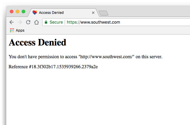 Screenshot: The Soutwest Airlines access denied page.