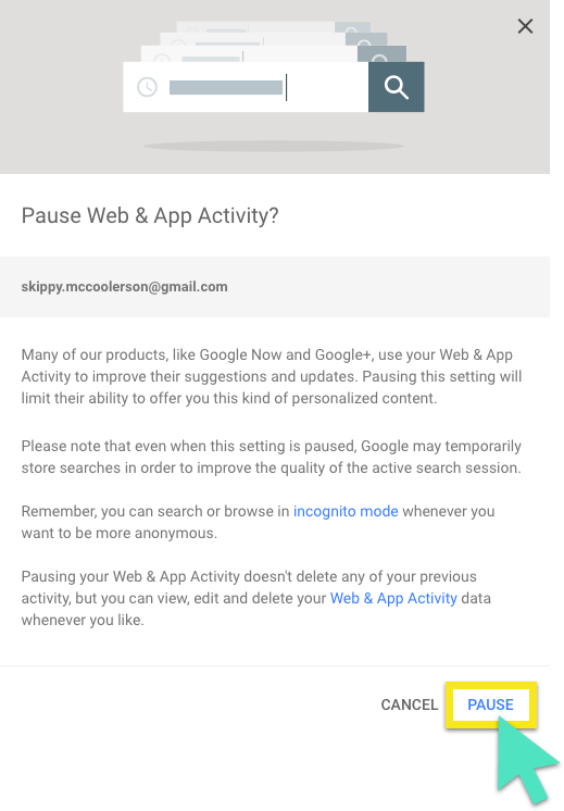 Google-Bildschirm "Web- und App-Aktivitäten pausieren?" mit hervorgehobener Schaltfläche "Pausieren".