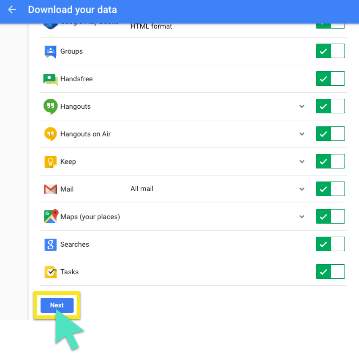 Página de "download dos seus dados" no Google com botão destacado