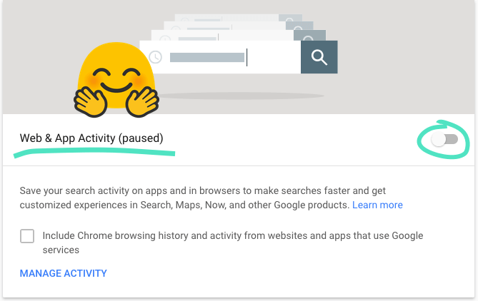 Schermata "Attività web e app" di Google, con l'interruttore impostato su "sospesa.&quot;