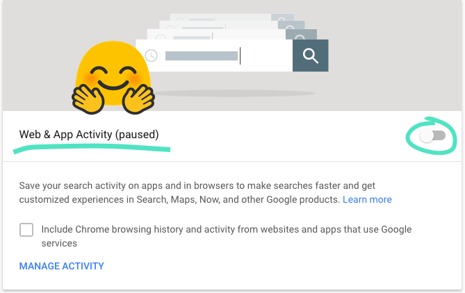 Écran de l'activité Web et applications de Google avec le bouton mis sur pause