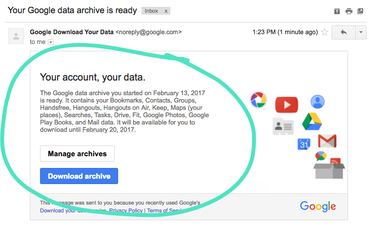 O Google enviou um e-mail com um link para baixar seu arquivo.