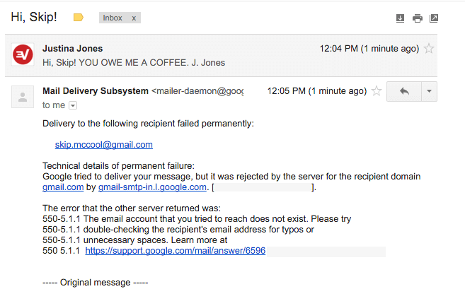 google apps email bounce message