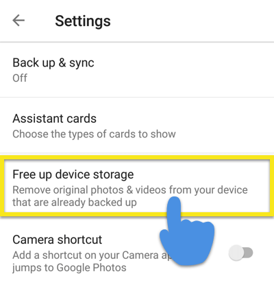 Settings menu with Free up device storage highlighted.