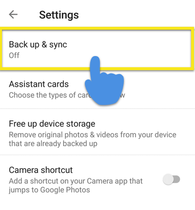 Settings menu with Back up & sync highlighted.