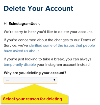 delete your account screen with dropdown of reasons highlighted - deactivate instagram account but still show up on followers