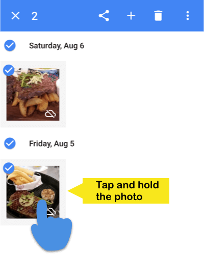 Google Photos screen showing how to select photos for deletion.