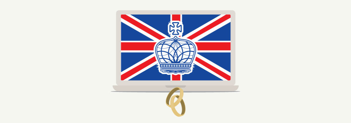 computer with crown and british flag and wedding rings