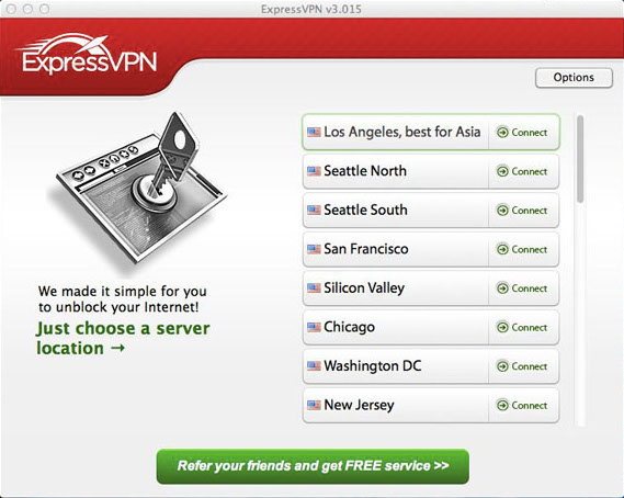 Screenshot: All the VPN locations with ExpressVPN