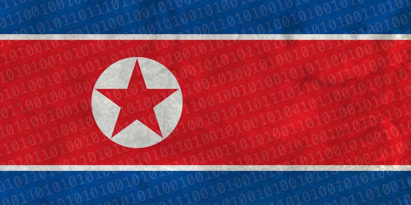 North Korean flag with binary code overlay.