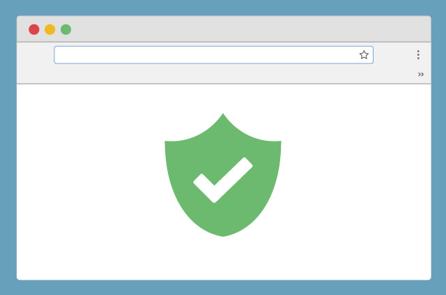 An illustration of a browser with a green shield in the center of the screen. But wait! Inside the green shield is a tick. Super protection: Whammo!