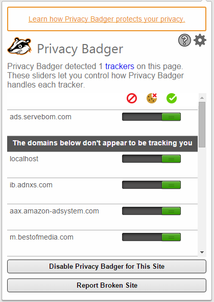 Privacy Badger in action, counting the trackers it has detected