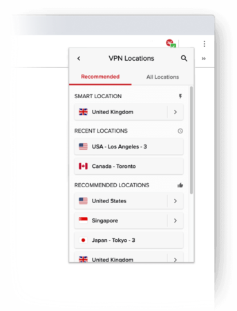 The ExpressVPN browser extension displaying server location options.