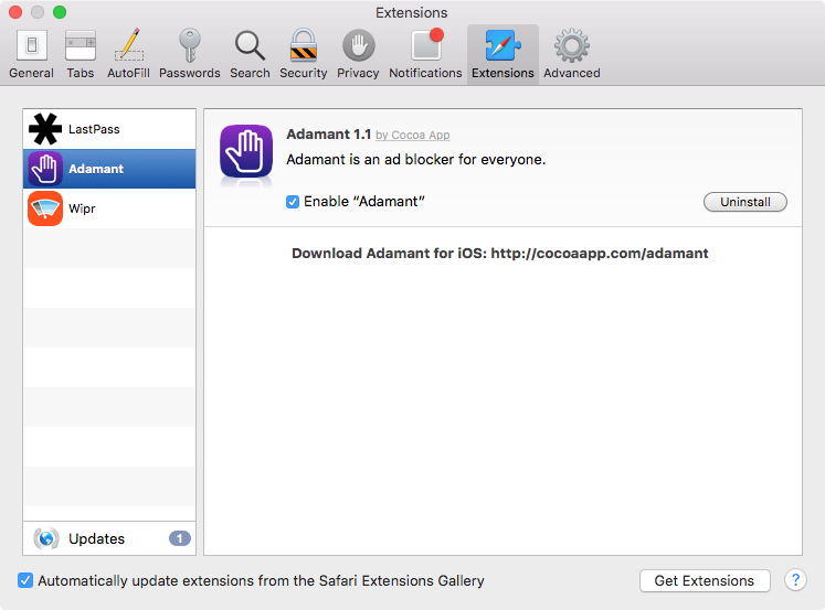 screenshot of safari extensions in preferences panel