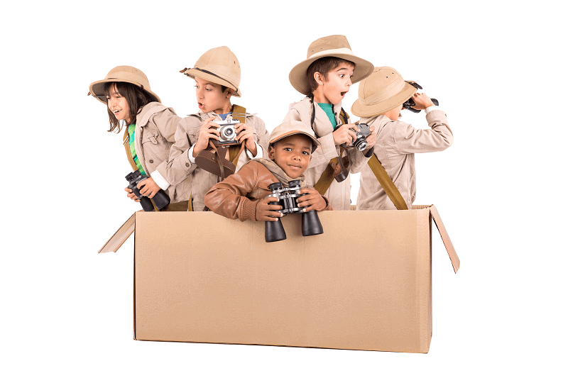 picture of children in cardboard box on  make ­believe safari