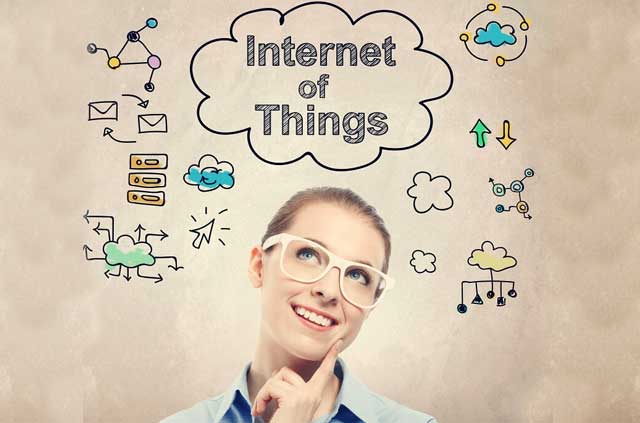 Thinking woman with thought bubble containing "Internet of Things"