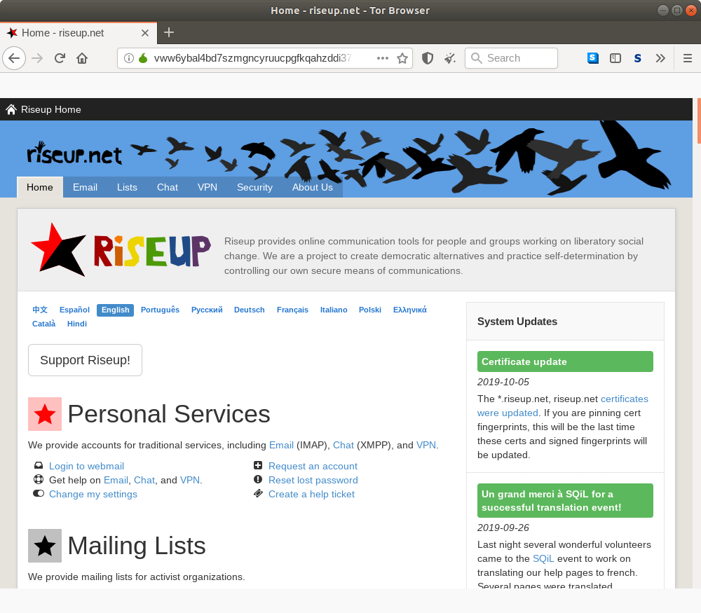 Onion homepage for Riseup.