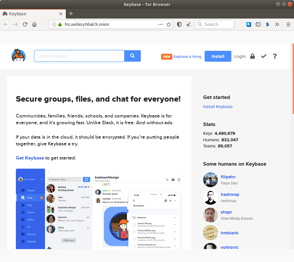 Keybase の Onion ホームページです。
