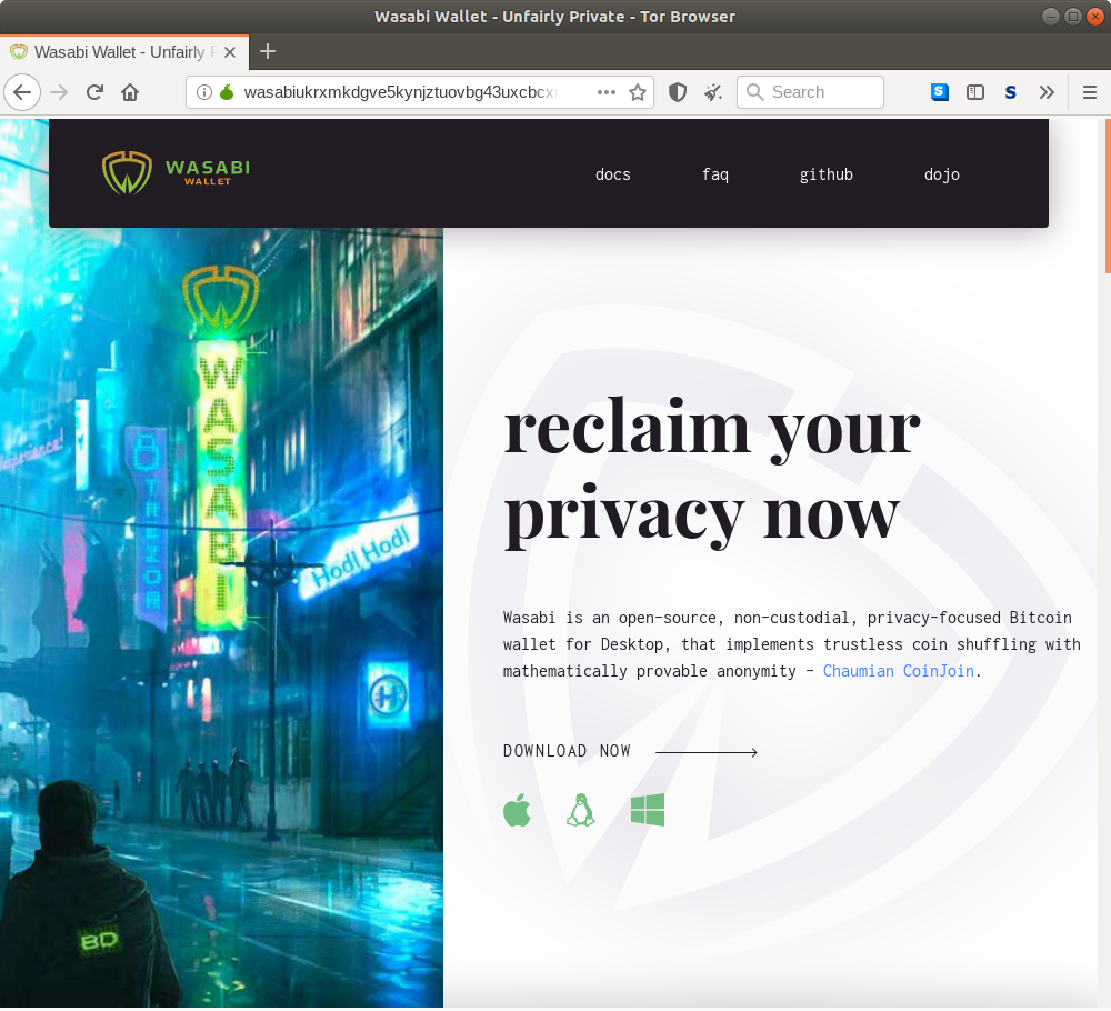 Onion homepage for Wasabi Wallet.