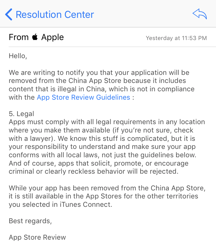 Captura de pantalla de la notificación que ExpressVPN recibió de Apple sobre la eliminación de la aplicación de ExpressVPN para iOS de la App Store de China.