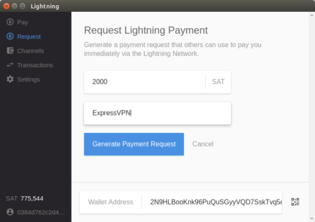 Screenshot: Lighting network payment request screen.