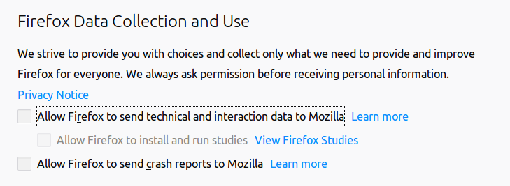 Firefox data collection options.