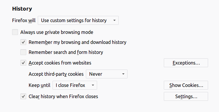 Firefox history protection options.