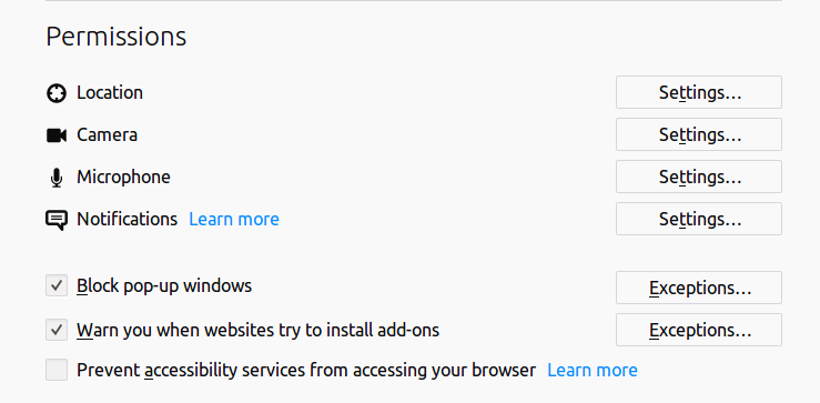 Firefox permissions options.