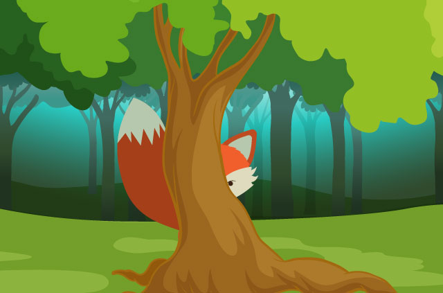 A cartoon fox hiding behind a tree.