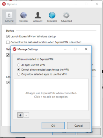 ExpressVPN Windows拆分隧道选项屏幕。