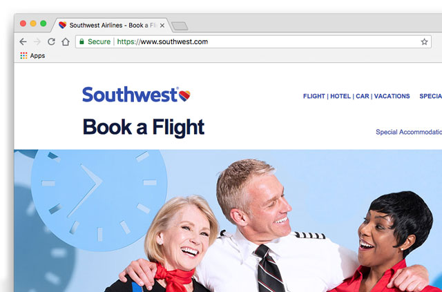 Screenshot: Southwest Airlines booking page. Get budget flights overseas with ExpressVPN.