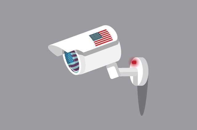 A security camera stamped with the U.S. flag.