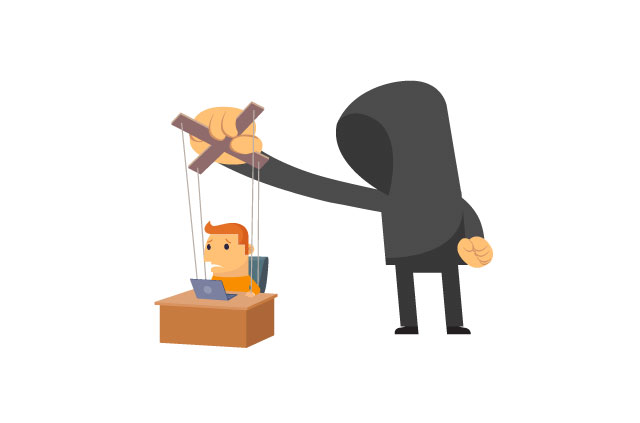 An illustration of a man in a hoodie using puppet strings on a man sat at a desk.