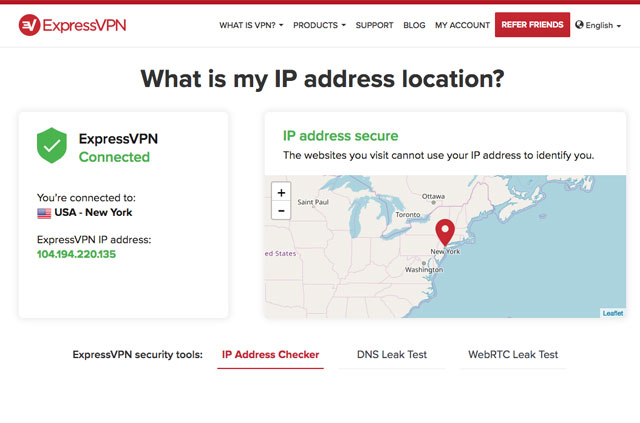 Screenshot: ExpressVPN's What Is My IP page. If you appear in the U.S., you can access Southwest Airlines.